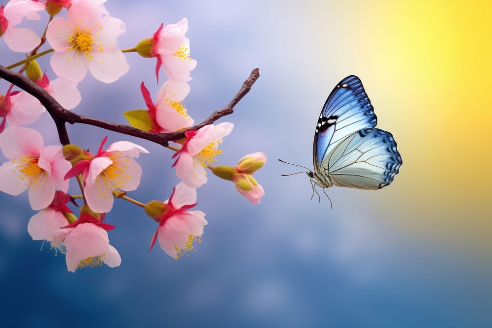 Beautiful blue yellow butterfly nature flower outdoors.
