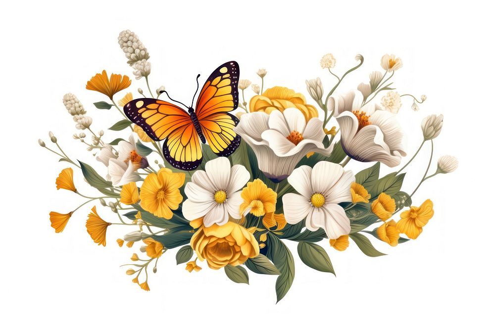 Botanical bouquet vector element butterfly flower insect.