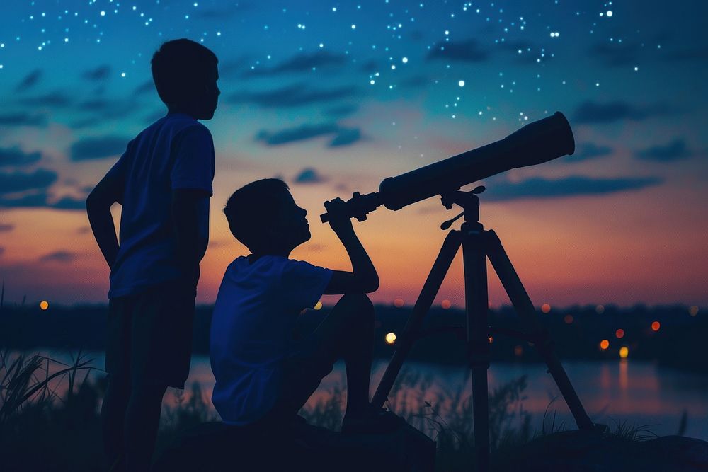 Boy and his father observe the night sky telescope outdoors togetherness.
