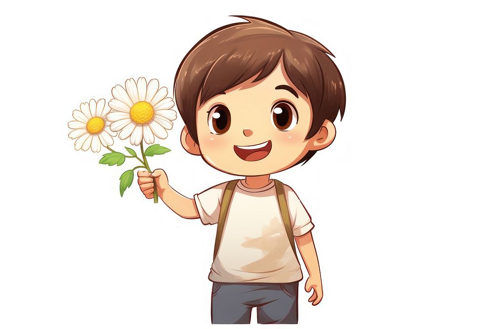 Cartoon illustration kid holding daisy flower plant representation.