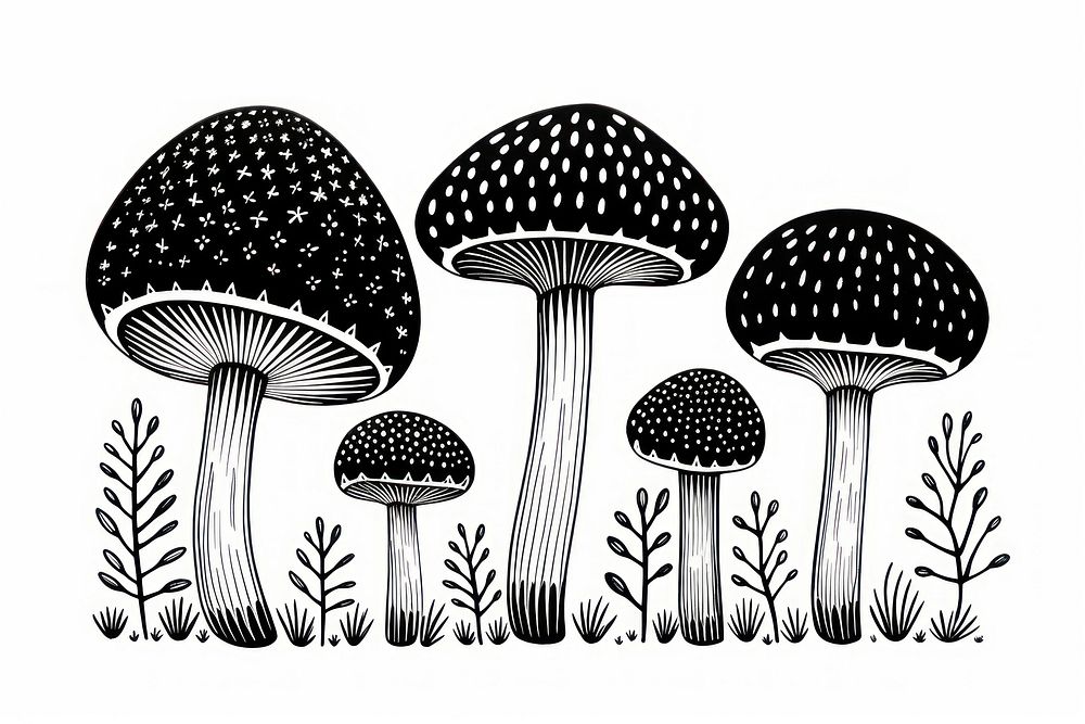 Mushroom linocut drawing fungus sketch.