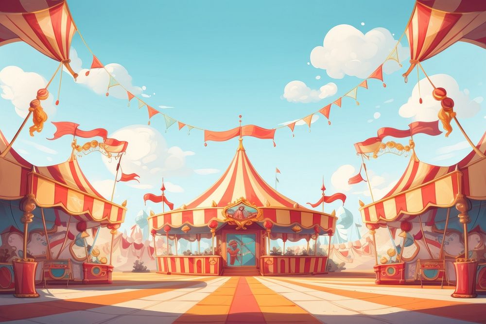 Cartoon circus scene carousel architecture celebration.