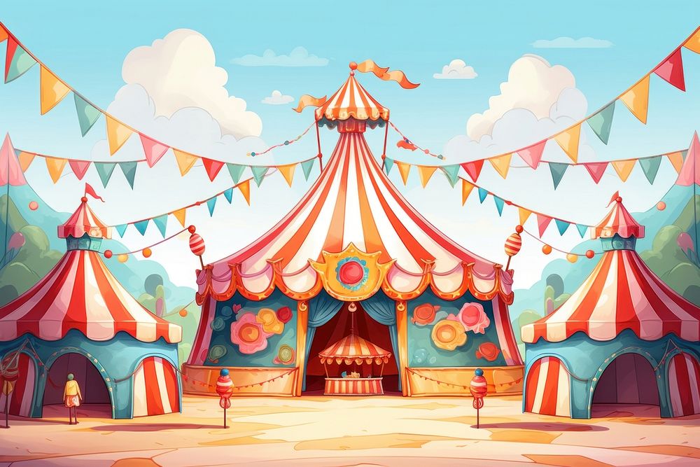 Cartoon circus scene architecture celebration decoration.