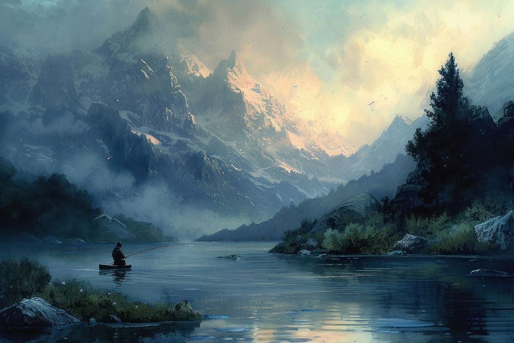 Fisherman fishing in a high mountain river at dawn wilderness landscape outdoors.