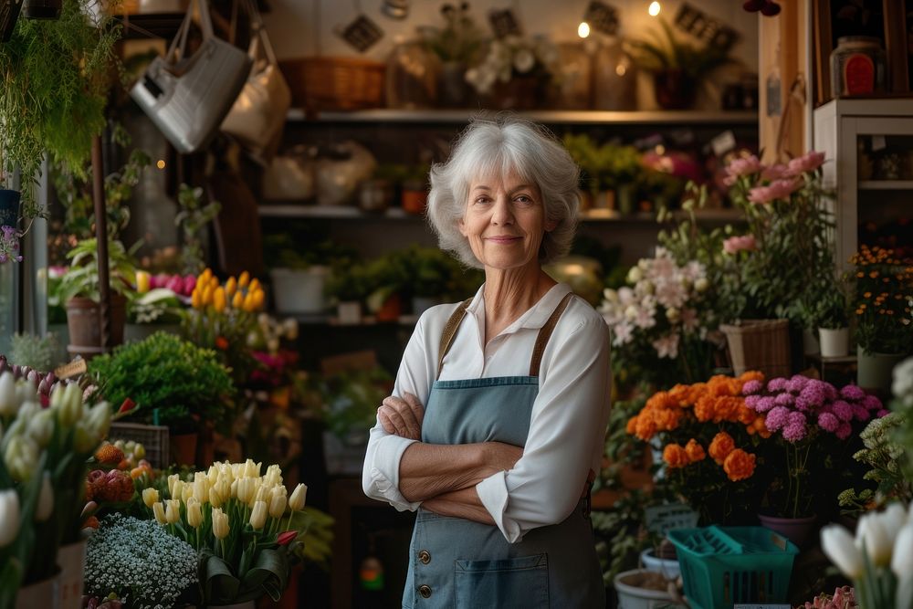 Front of flower shop mature woman owner with arms folded adult plant entrepreneur.