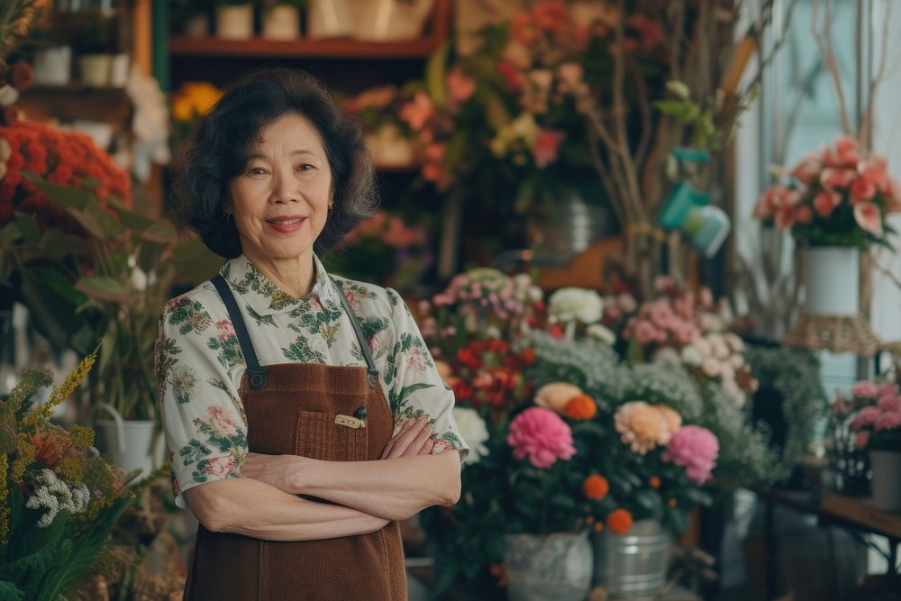 Front of flower shop mature woman owner with arms folded adult plant smile.