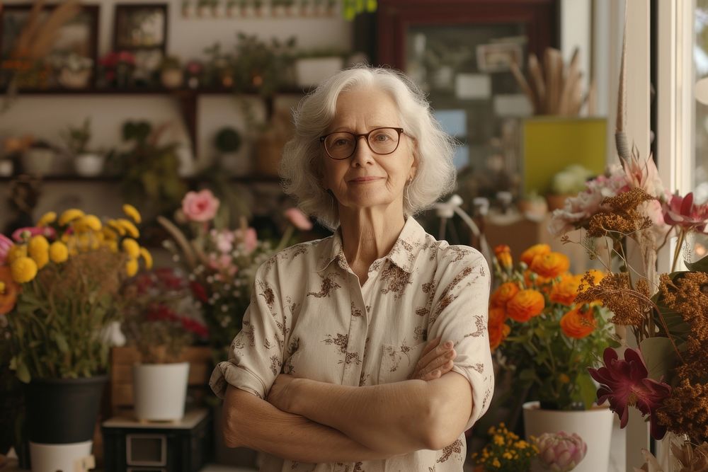 Front of flower shop mature woman owner with arms folded photography portrait glasses.