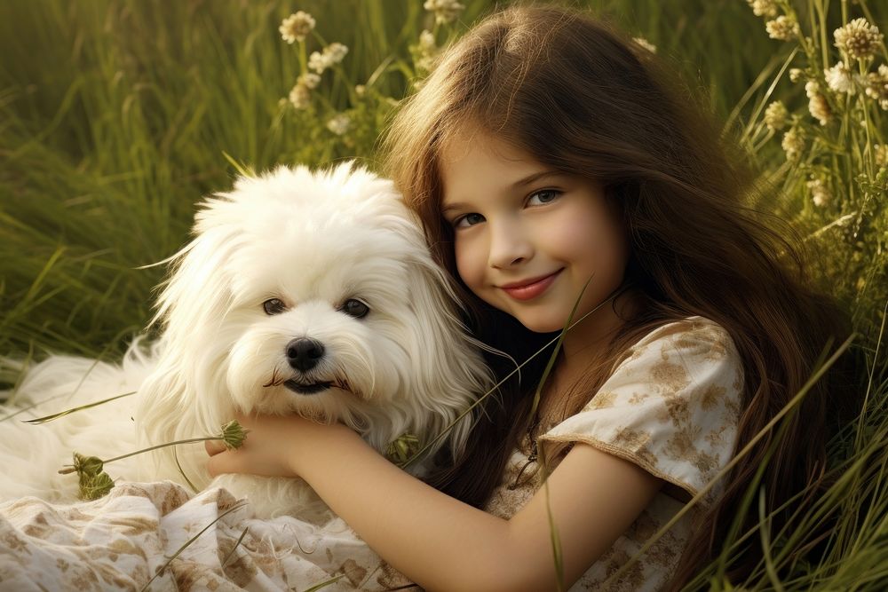Girl and maltese dog rest on the grass portrait outdoors mammal.