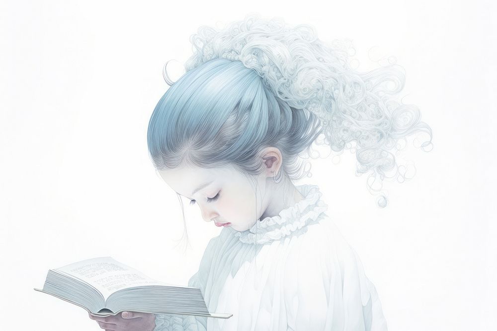 Girl reading book illustration portrait sketch white.