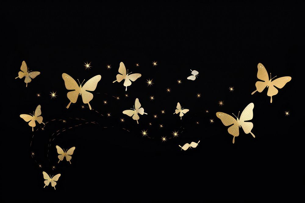 Gold butterflies plant black background celebration.