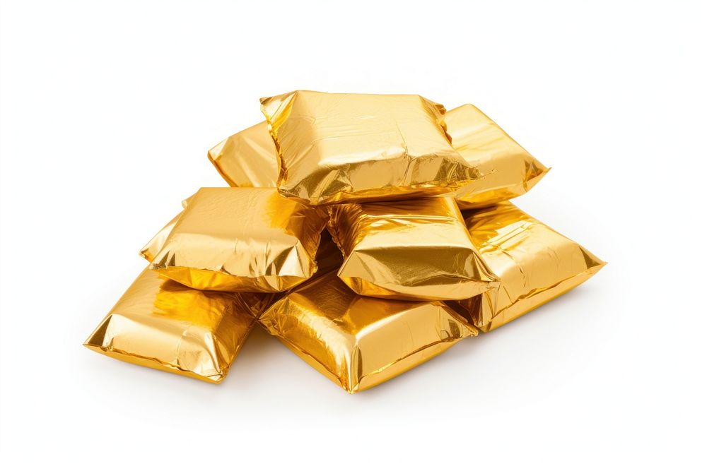 Golden foil candy confectionery food white background.