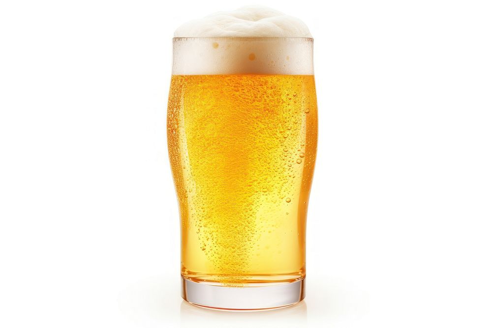Glass of beer lager drink white background.