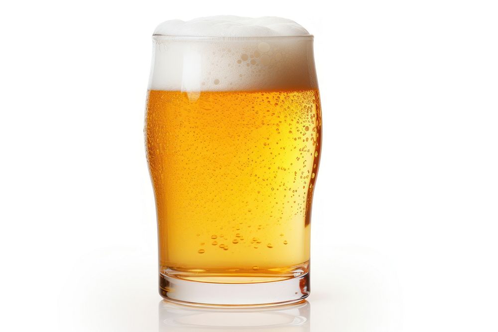 Glass of beer lager drink white background.