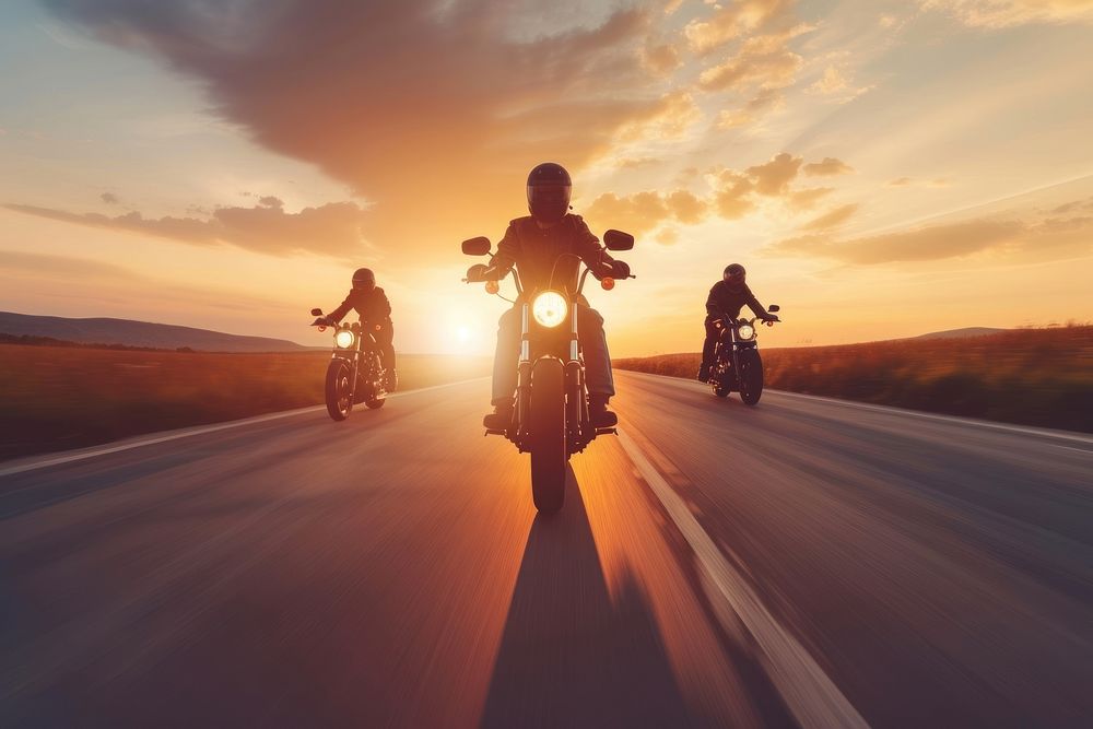 Group of young bikers man riding speed motorcycle sky outdoors vehicle.
