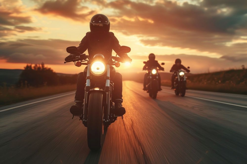 Group of young bikers man riding speed motorcycle vehicle helmet motion.