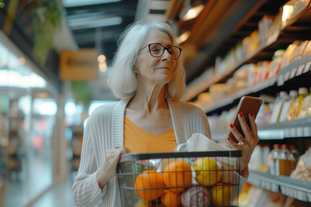 Happy mature woman holding a shopping basket supermarket glasses adult.