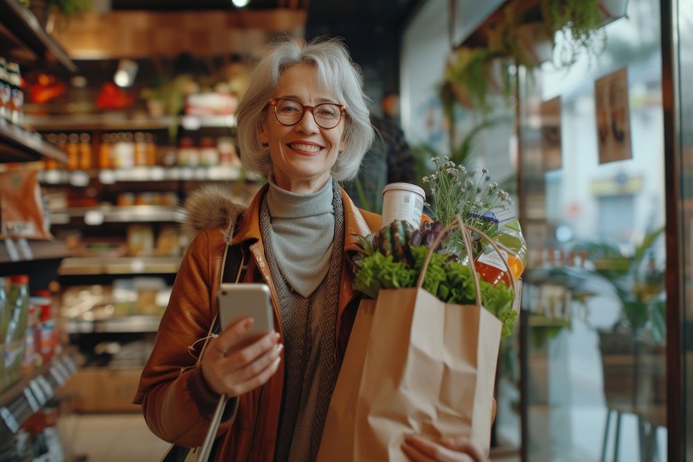 Happy mature woman holding a shopping full of products adult consumerism accessories.