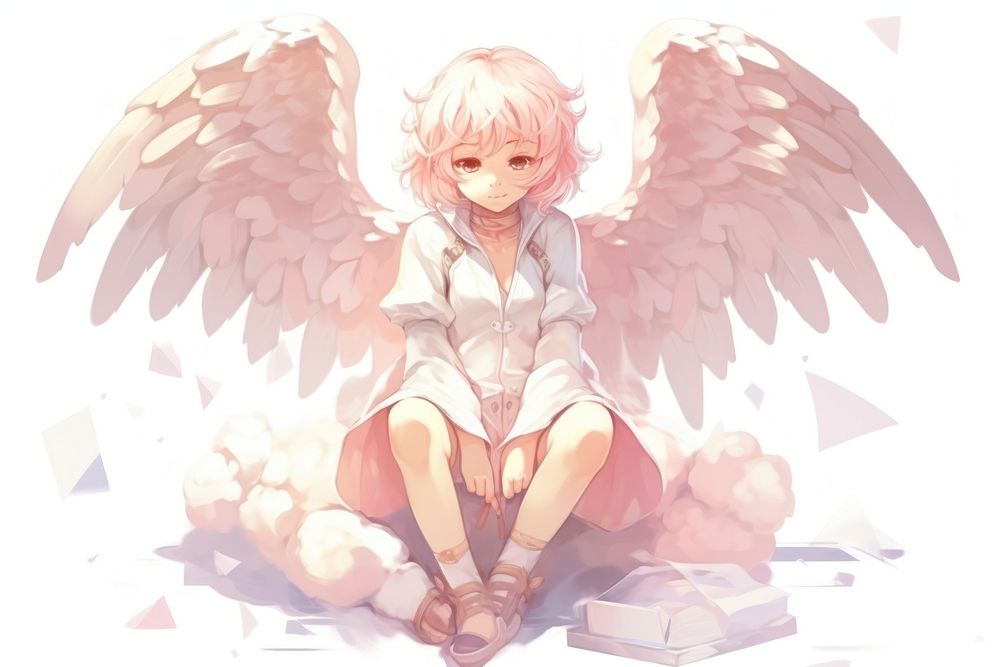 Female child angel anime representation cross-legged.