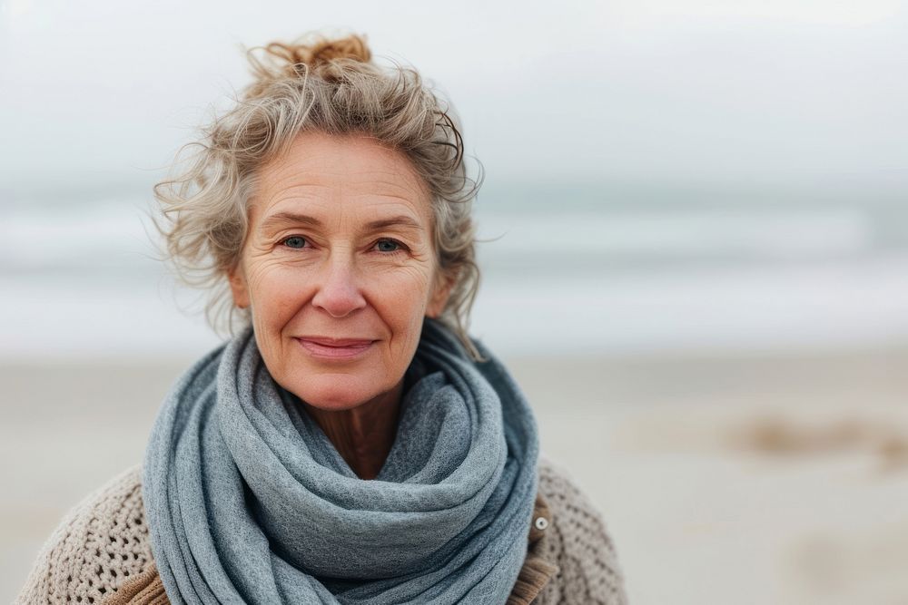 Mature woman at beach portrait adult scarf.