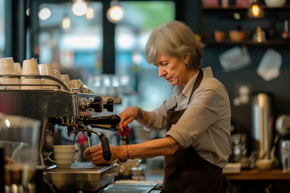Mature woman barista in coffee shop adult mug cup.