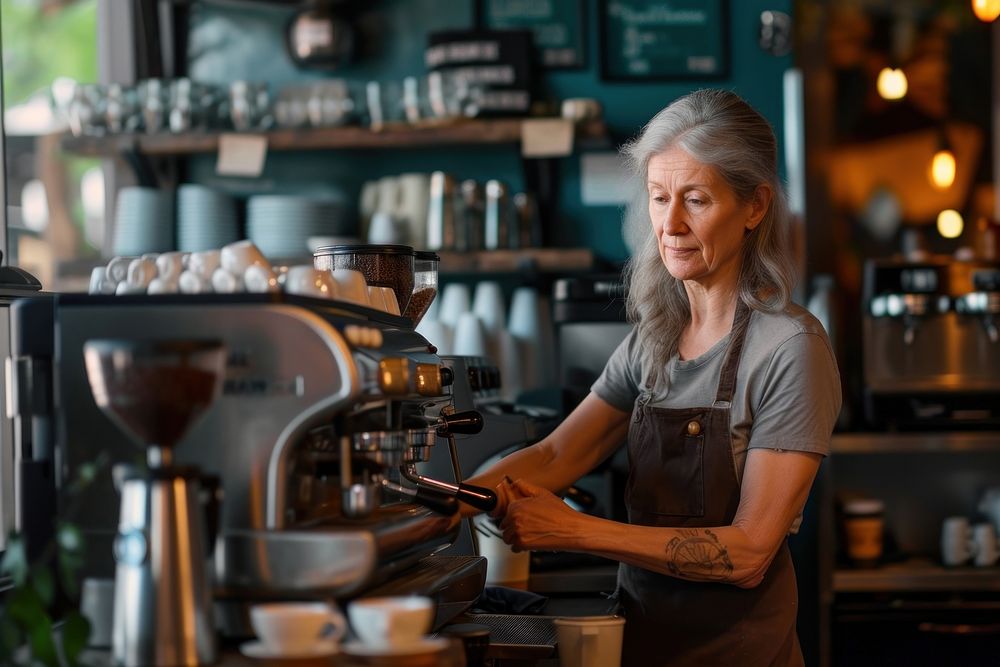 Mature woman barista in coffee shop adult entrepreneur coffeemaker.