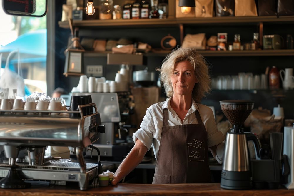 Mature woman barista in coffee shop adult entrepreneur accessories.