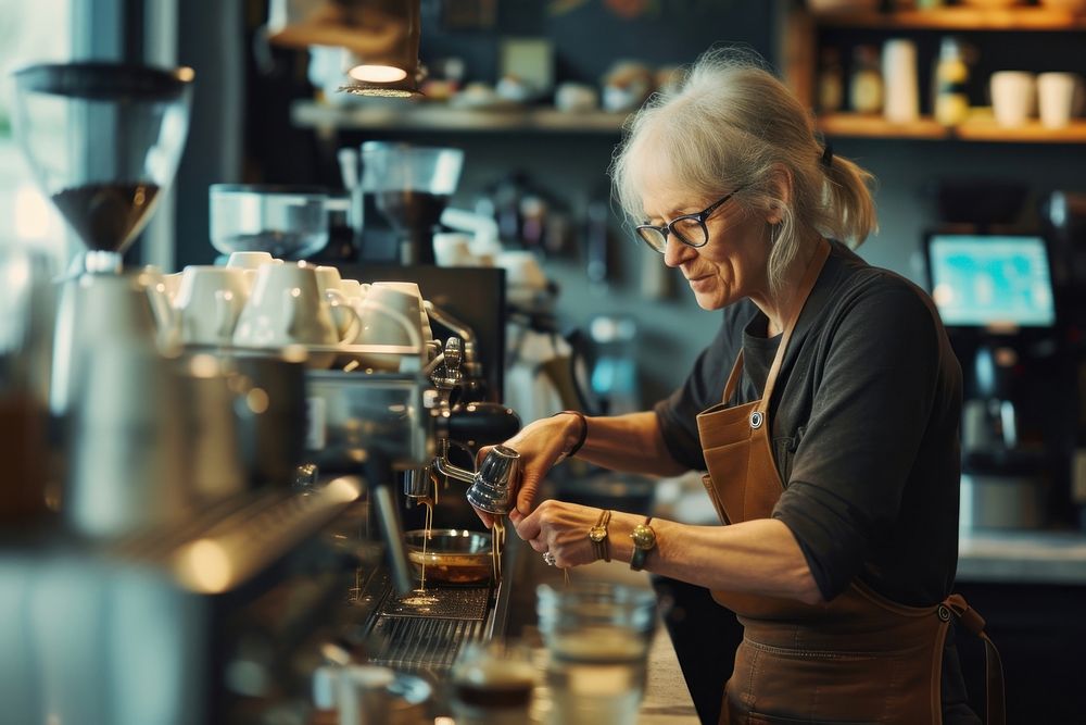 Mature woman barista in coffee shop adult entrepreneur coffeemaker.