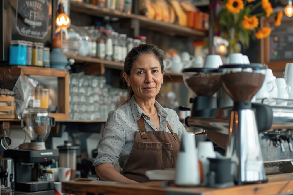 Mature woman barista in coffee shop adult entrepreneur refreshment.
