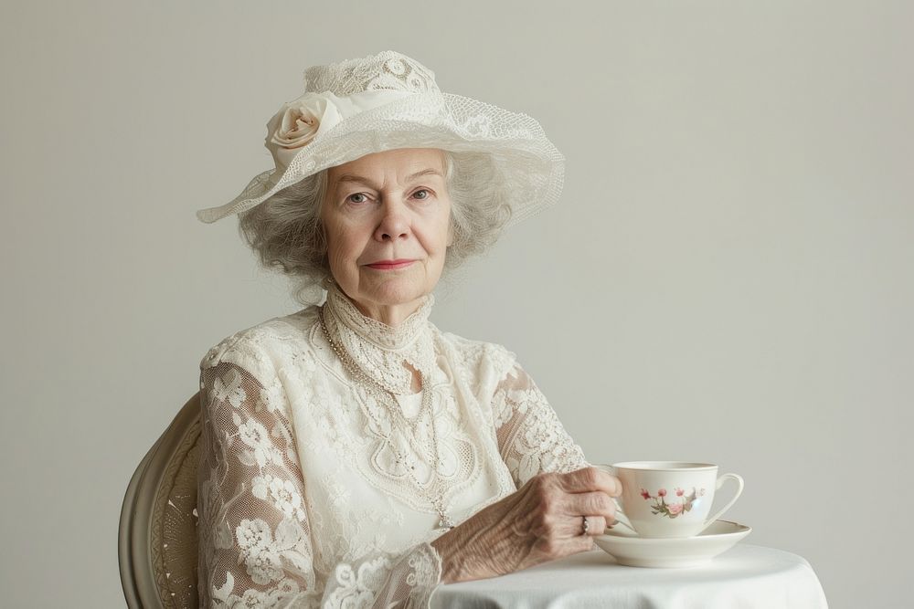 Mature woman in tea time cup mug retirement.