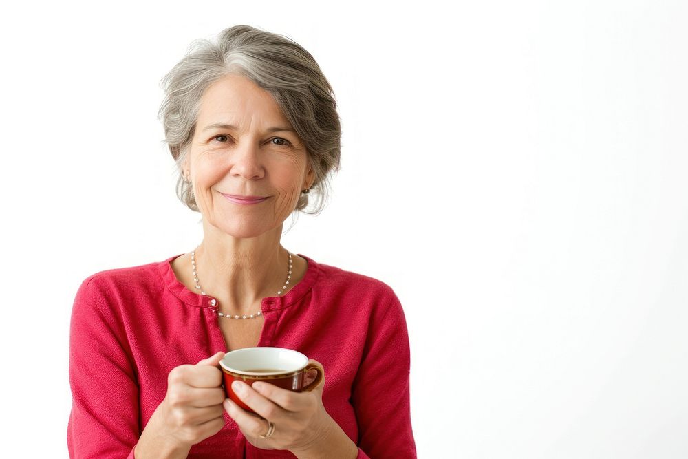 Mature woman in tea time portrait coffee smile.