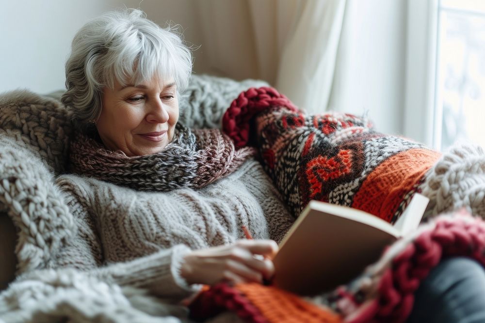 Mature woman watching tutorials for knitting sweater reading scarf.