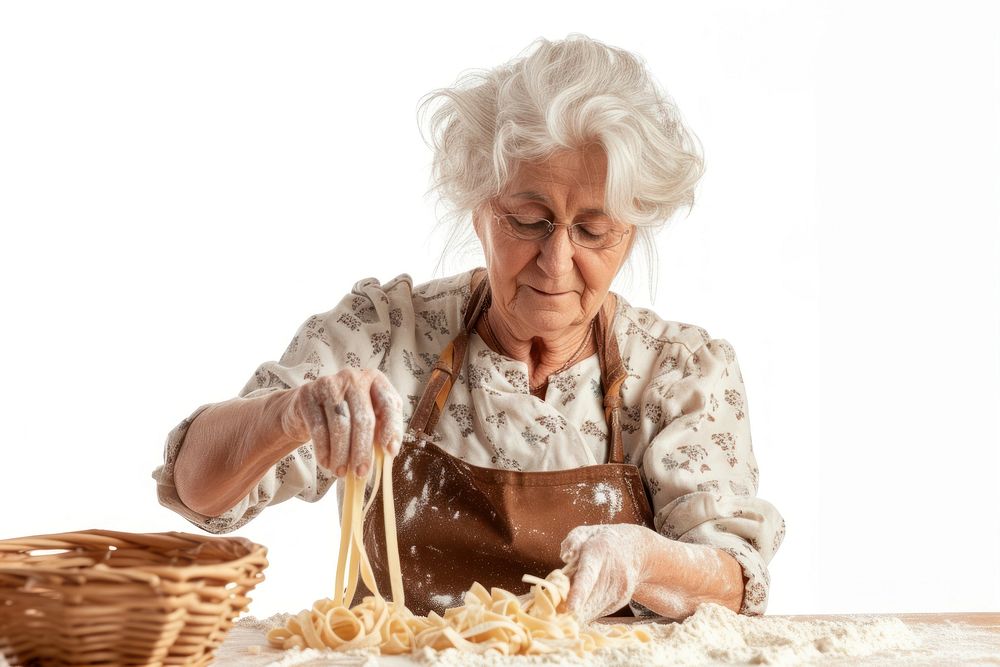 Mature woman watching tutorials for making pasta adult grandmother accessories.