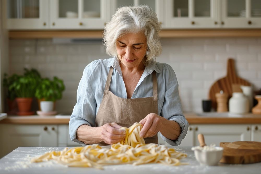 Mature woman watching tutorials for making pasta cooking adult food.
