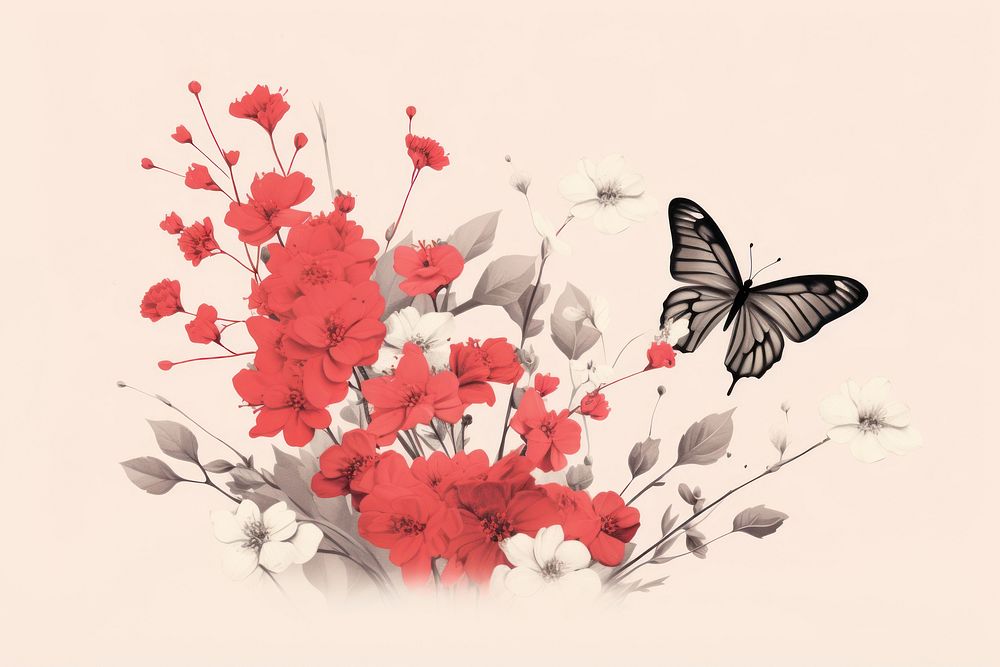Flowers and butterfly in aesthetic nature background pattern plant petal.