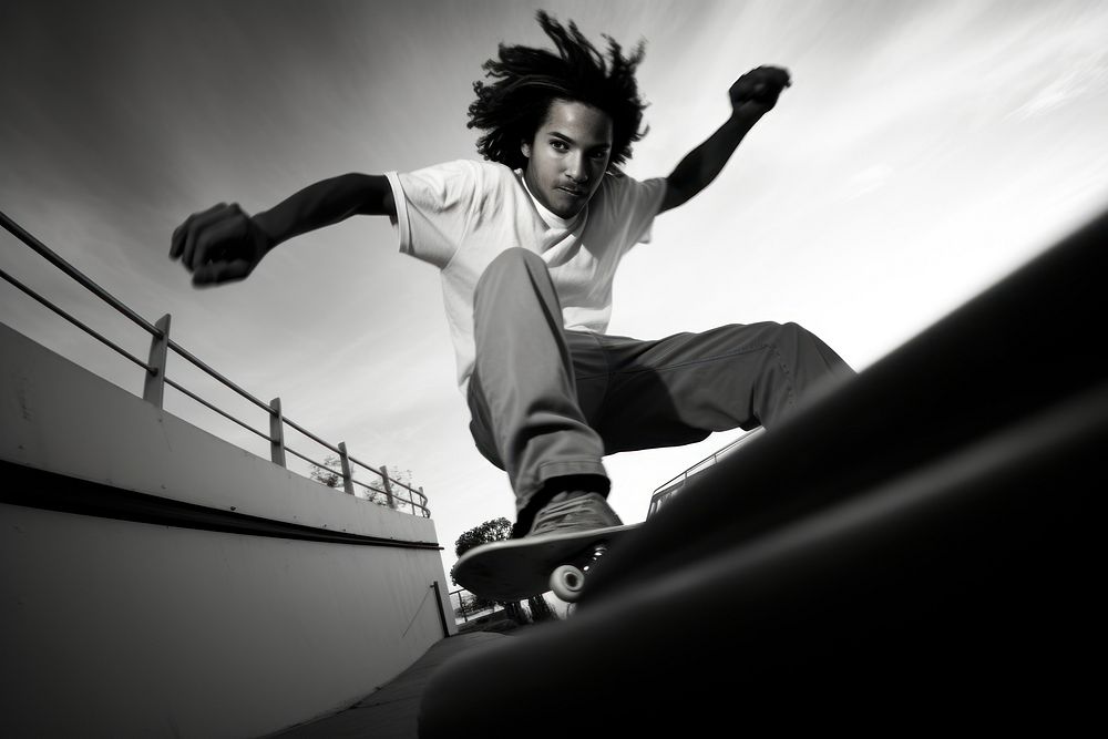 A young Latino skateboarder in a blank white tee photography motion black.