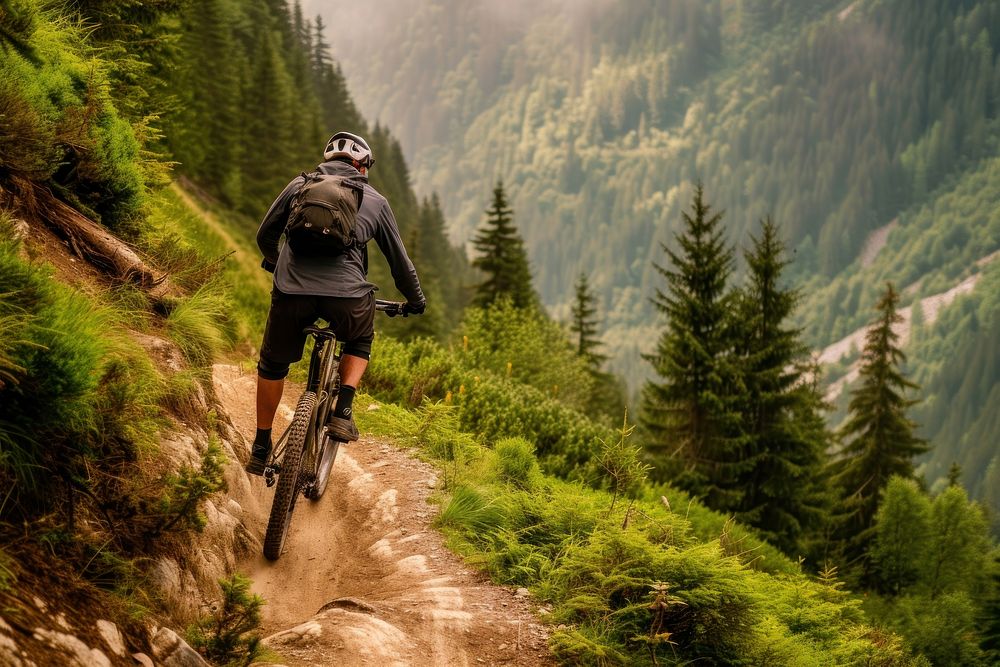 Mountain biker cyclist bicycle mountain backpack.