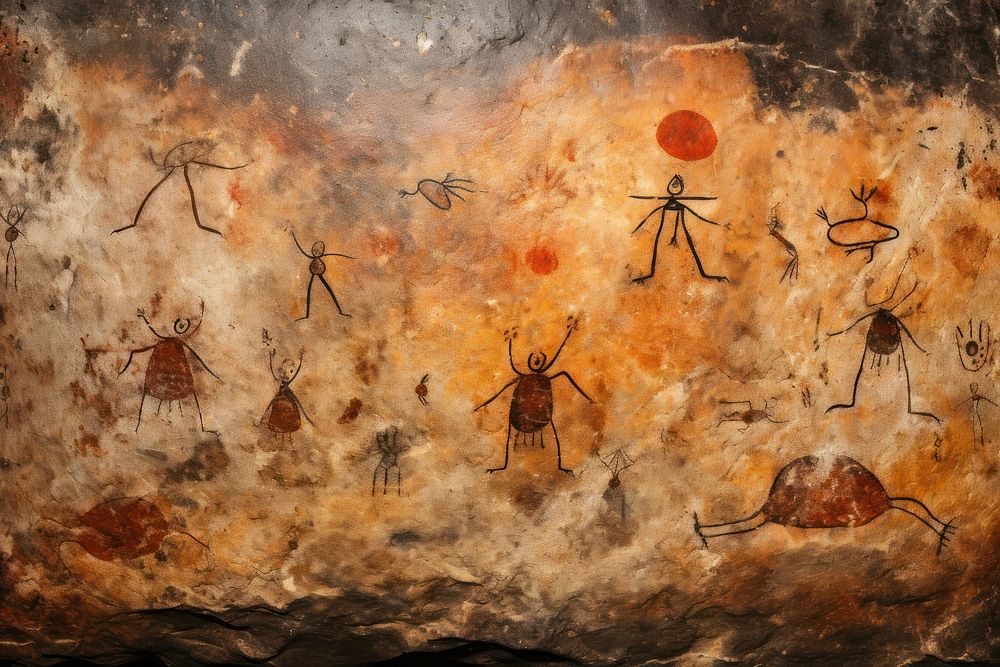 Paleolithic cave art painting style of invader ftom sky backgrounds animal insect.