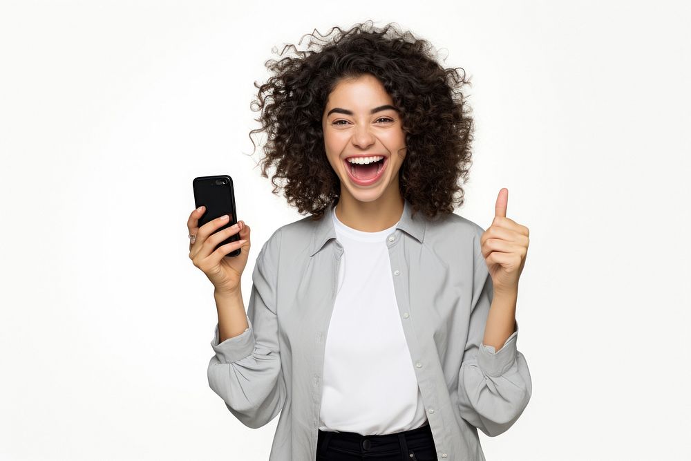 Woman holding phone laughing adult white background.