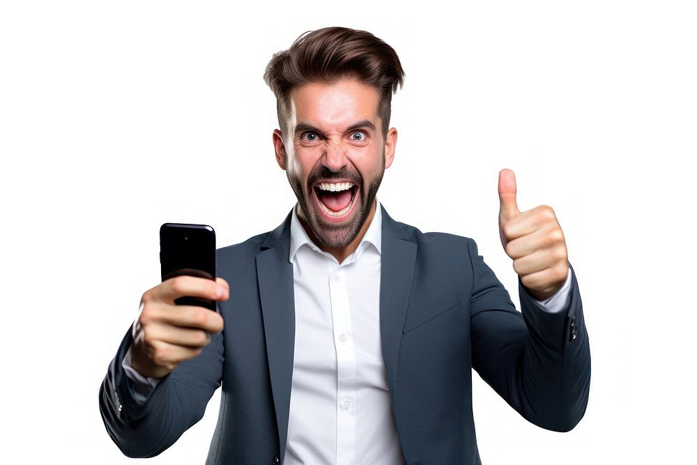 Woman holding phone shouting adult white background.