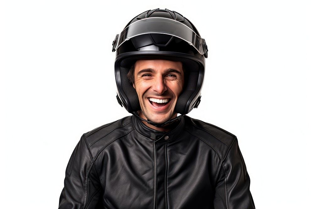 Wearing motocycle helmet smiling portrait jacket adult.