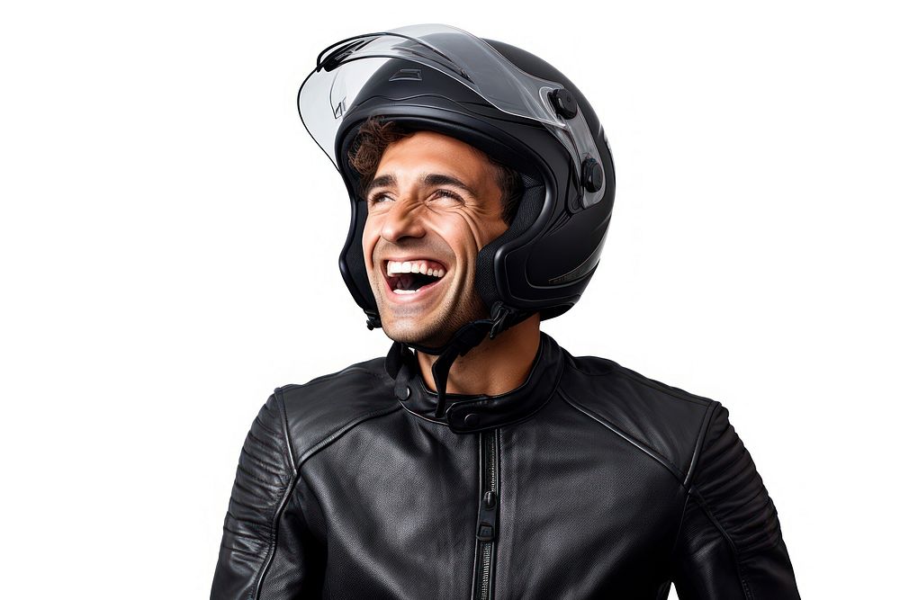 Wearing motocycle helmet smiling jacket adult man.
