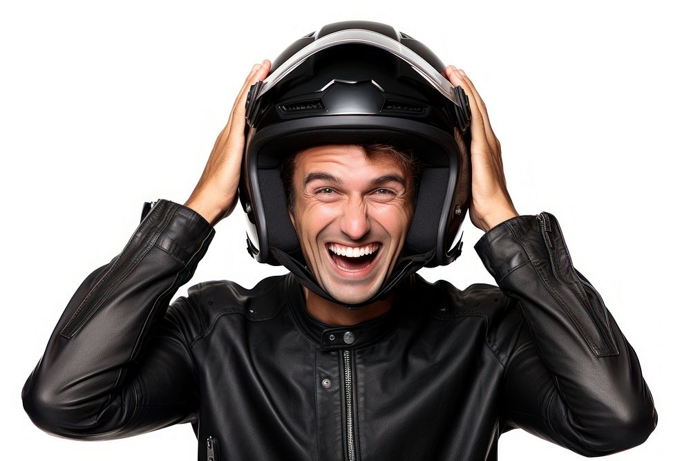 Wearing motocycle helmet smiling portrait adult photo.