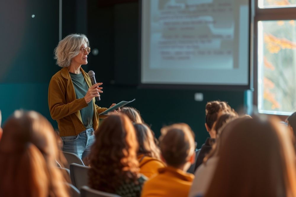 Mature woman teacher doing a presentation classroom audience lecture.