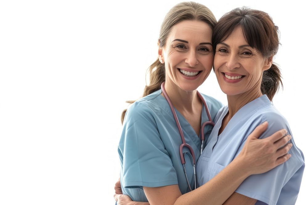 A mature woman patient and nurse adult white background togetherness.