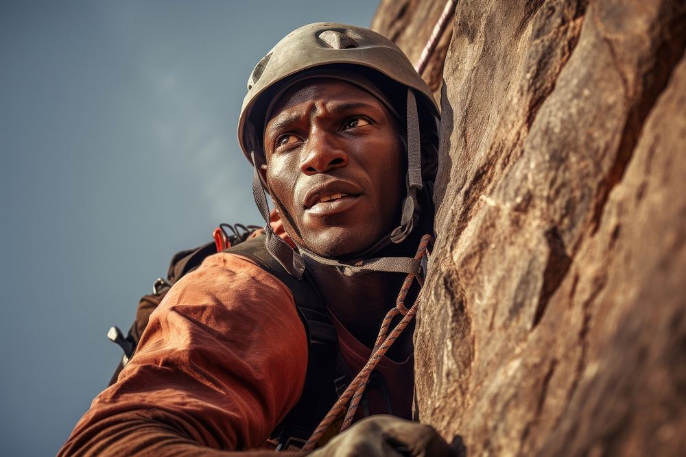 African american hikier go rock climbing adventure outdoors helmet.