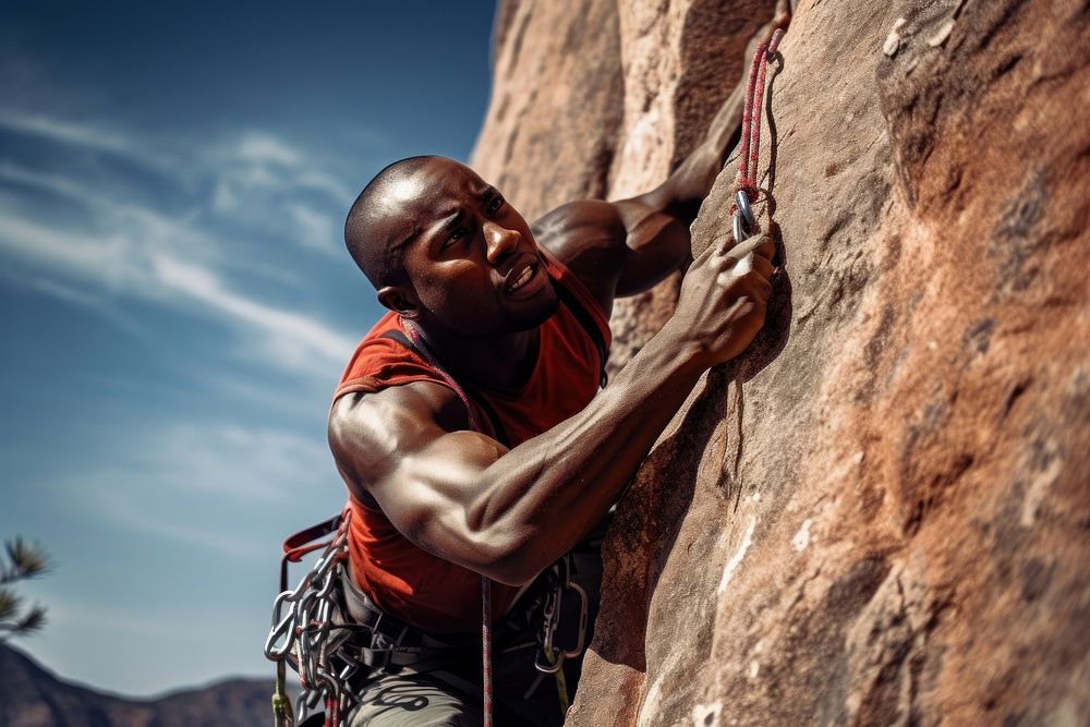 African american hikier go rock climbing recreation adventure outdoors.