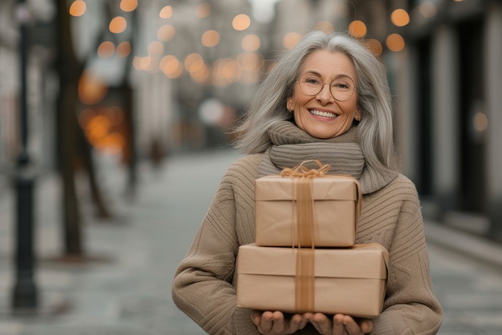 A joyful mature woman with a stack boxes sweater holiday adult.