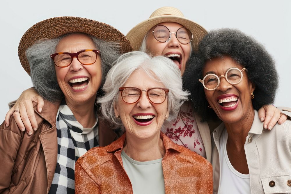 Joyful mature women people laughing glasses adult.