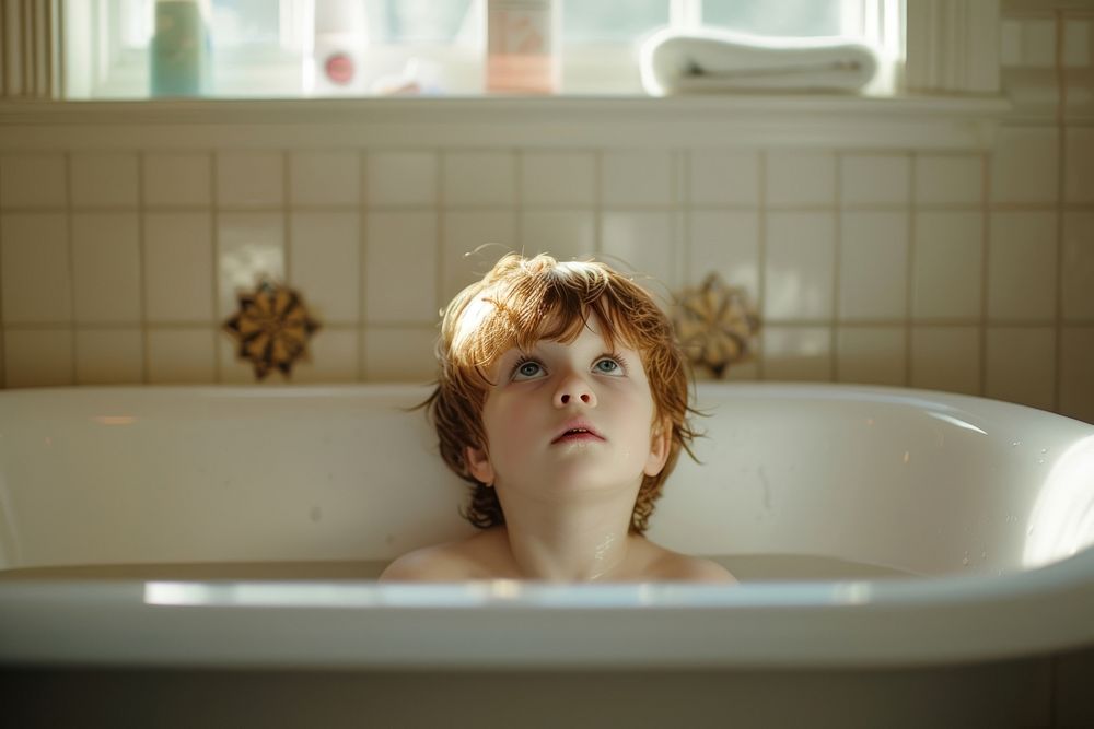 Kid in a bathtub contemplation hairstyle bathroom.