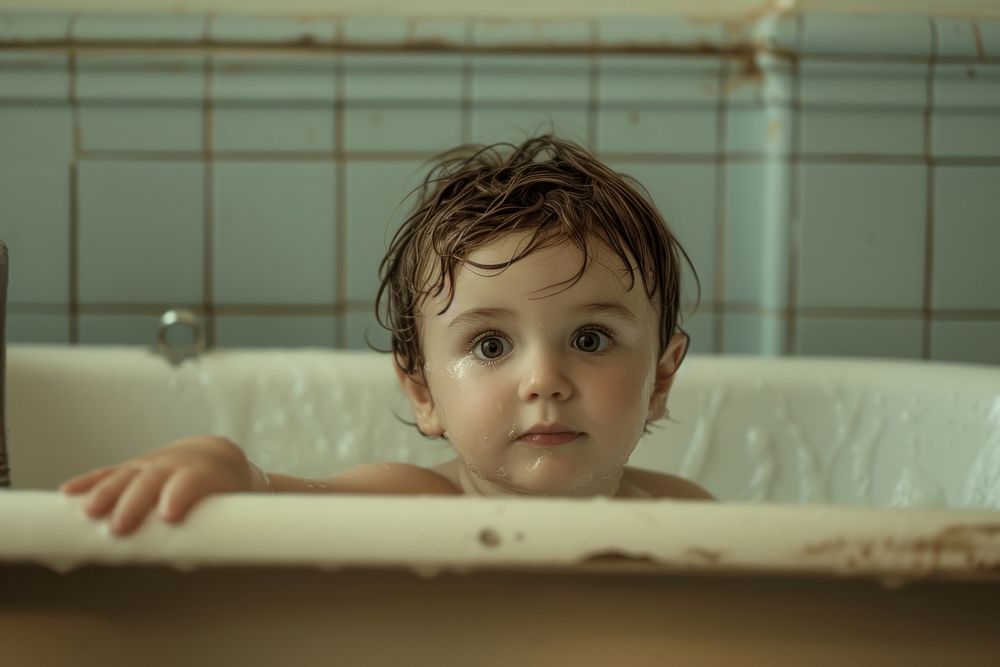Kid in a bathtub bathing baby innocence.